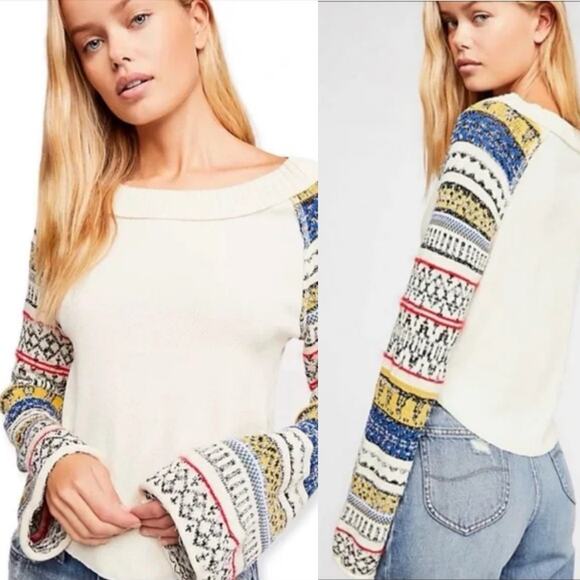 Free People Fairground Thermal Cream Top Boho Colorful Bell Sleeves Beach Size M - Picture 1 of 12